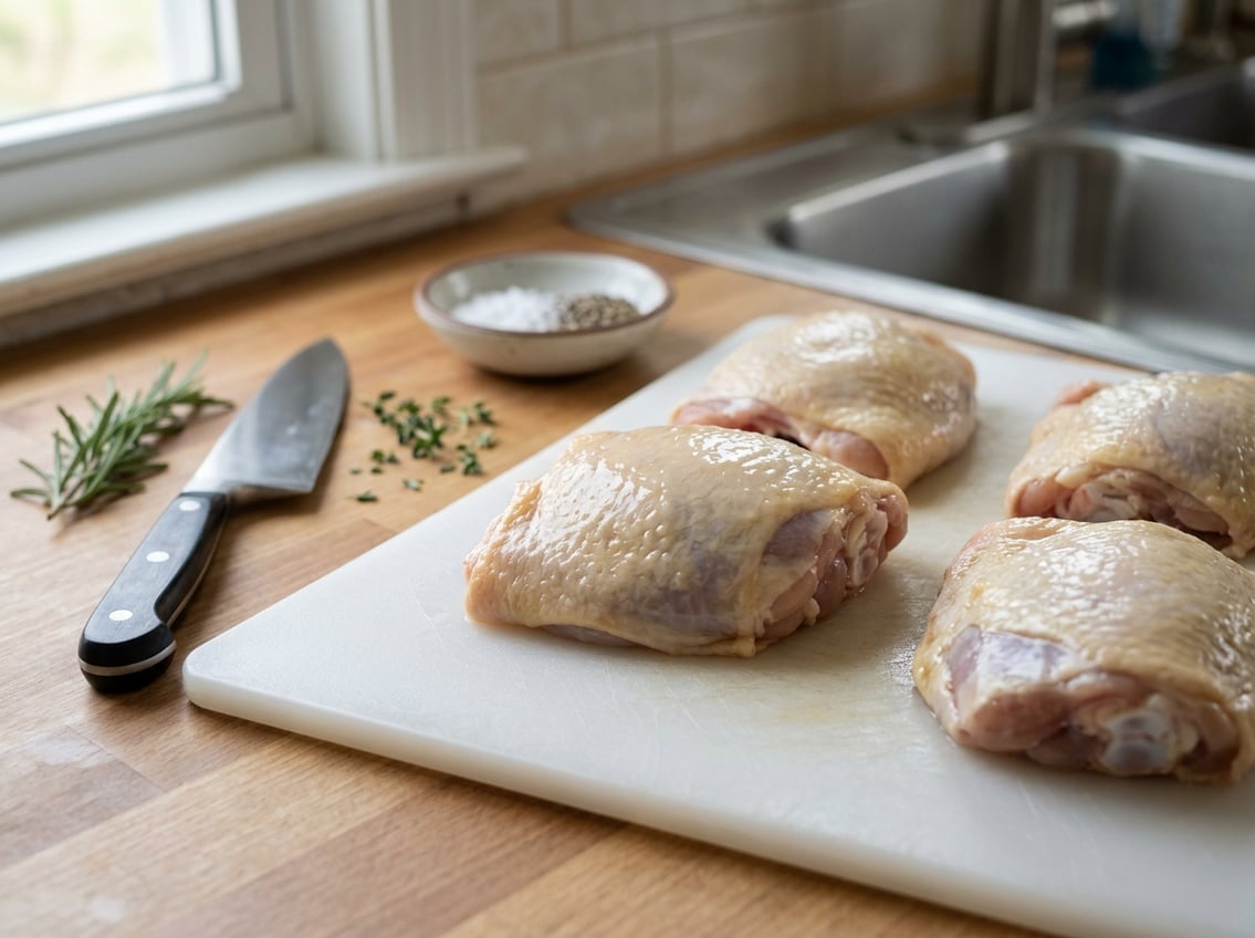 Close-up of raw chicken thighs on a cutting board with kitchen utensils in the background.