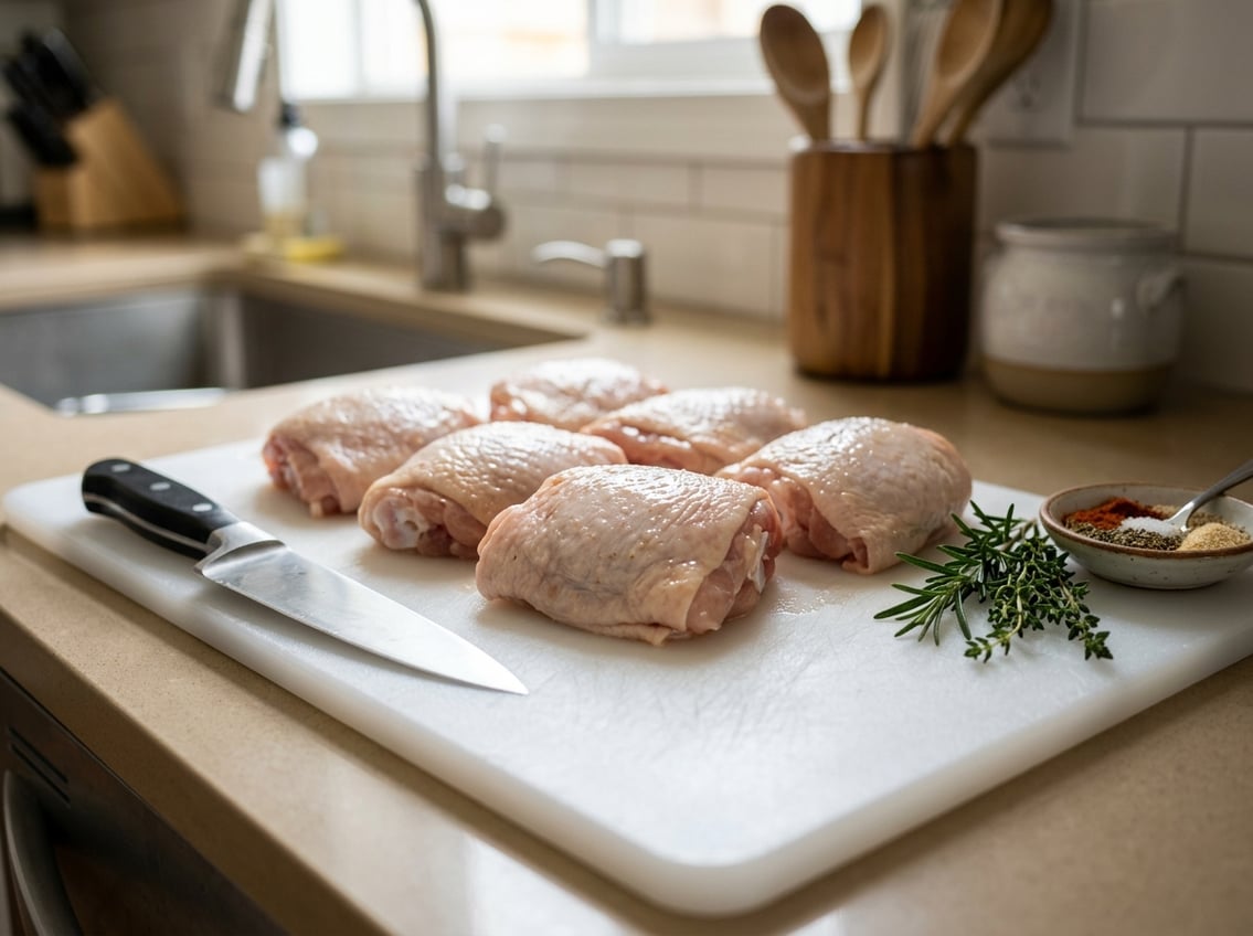 Close-up of raw chicken thighs on a cutting board with kitchen utensils and herbs nearby.