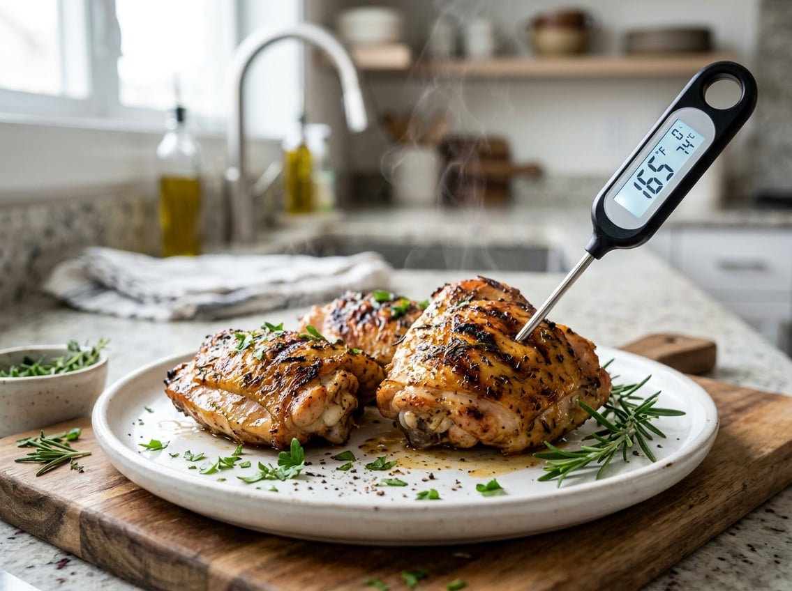 Close-up of cooked chicken thighs on a white plate with a digital meat thermometer showing the internal temperature, set in a kitchen environment.