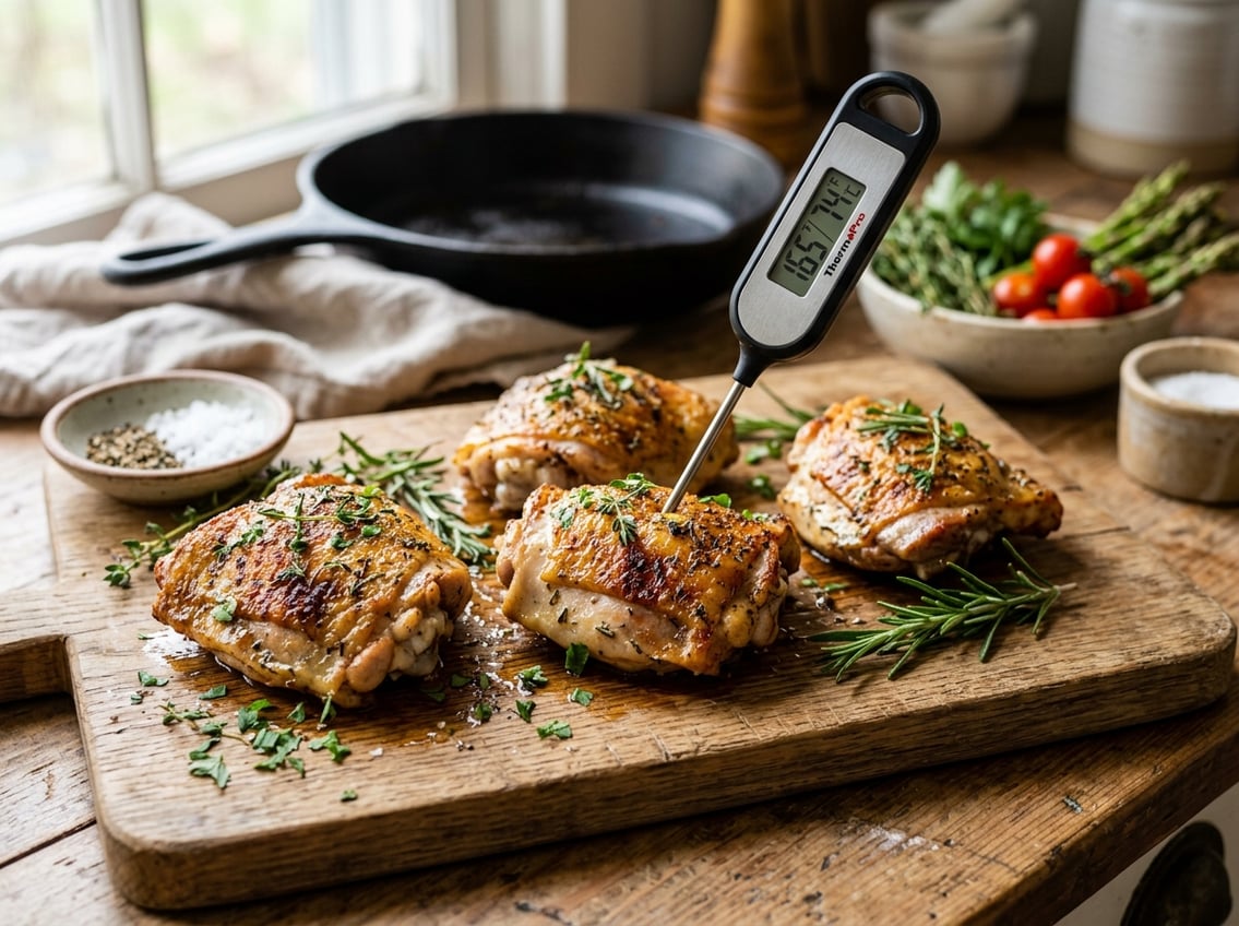 Cooked chicken thighs on a cutting board with a digital meat thermometer showing the internal temperature.