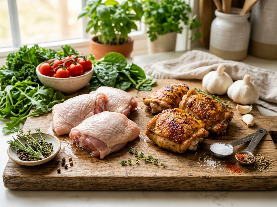 Close-up of raw and cooked chicken thighs on a cutting board surrounded by fresh vegetables and spices in a kitchen setting.