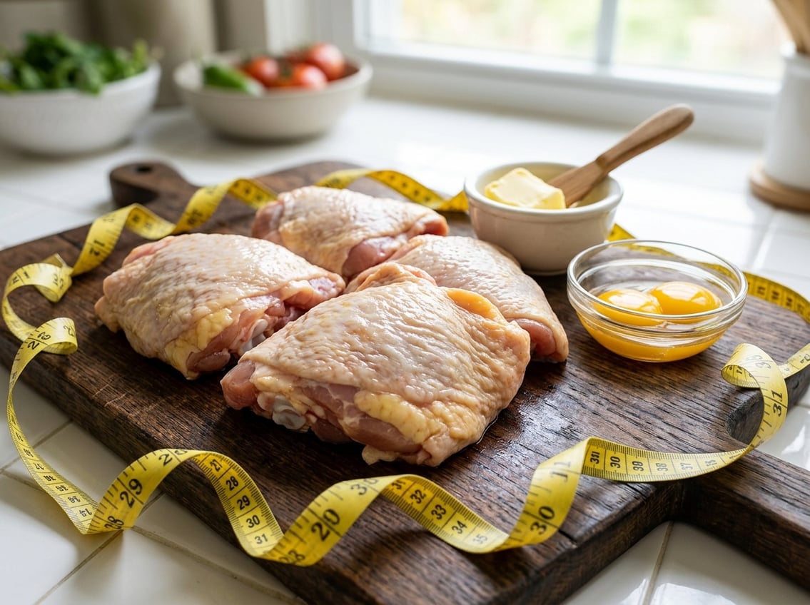 Close-up of raw chicken thighs on a cutting board with butter, egg yolks, and a measuring tape in a bright kitchen.
