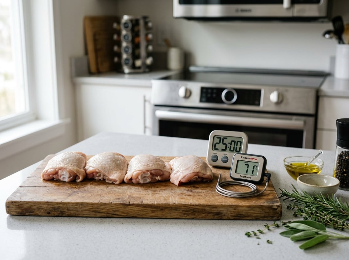 Raw chicken thighs on a cutting board next to a kitchen timer and oven thermometer in a modern kitchen setting.