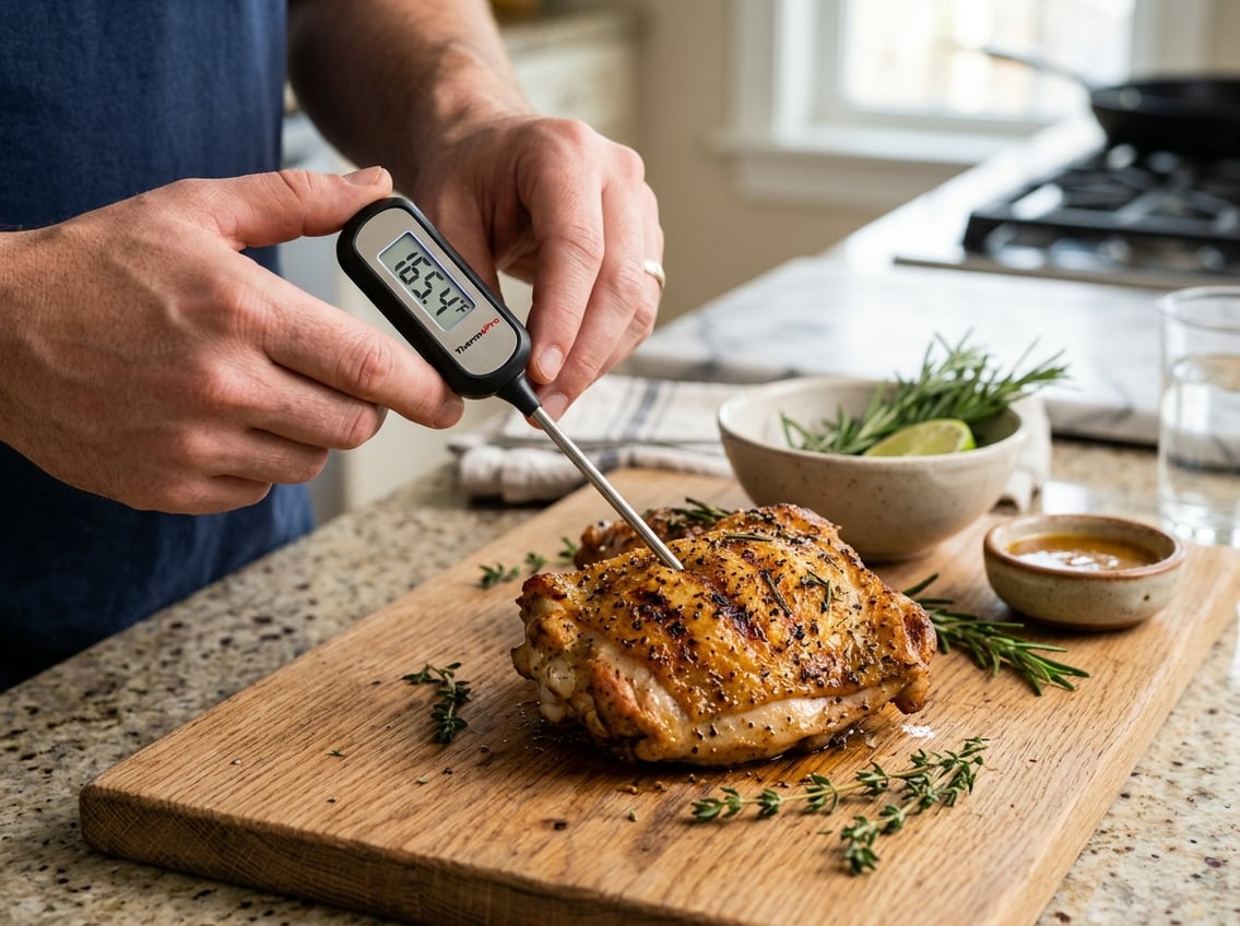 Hands using a digital meat thermometer inserted into a cooked chicken thigh on a cutting board with fresh herbs nearby.
