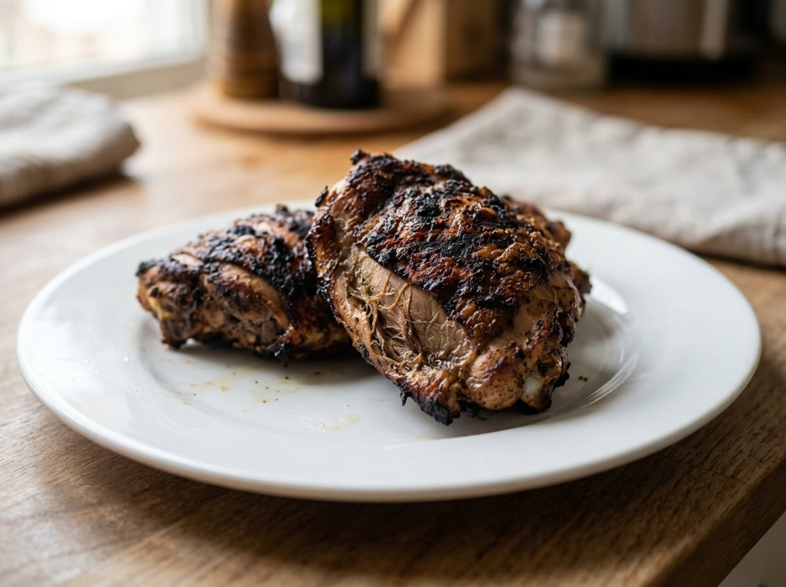 Close-up of dry, slightly charred cooked chicken thighs on a white plate.