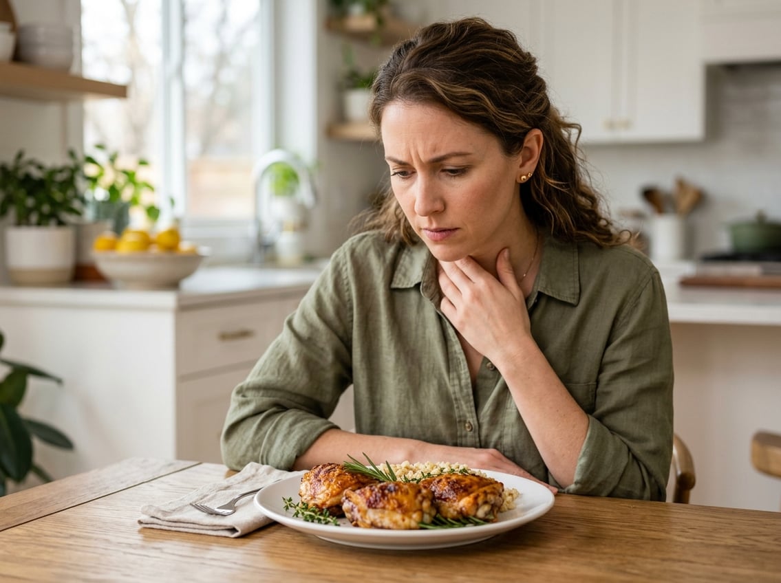 A person looking concerned while examining a plate of cooked chicken thighs in a kitchen.
