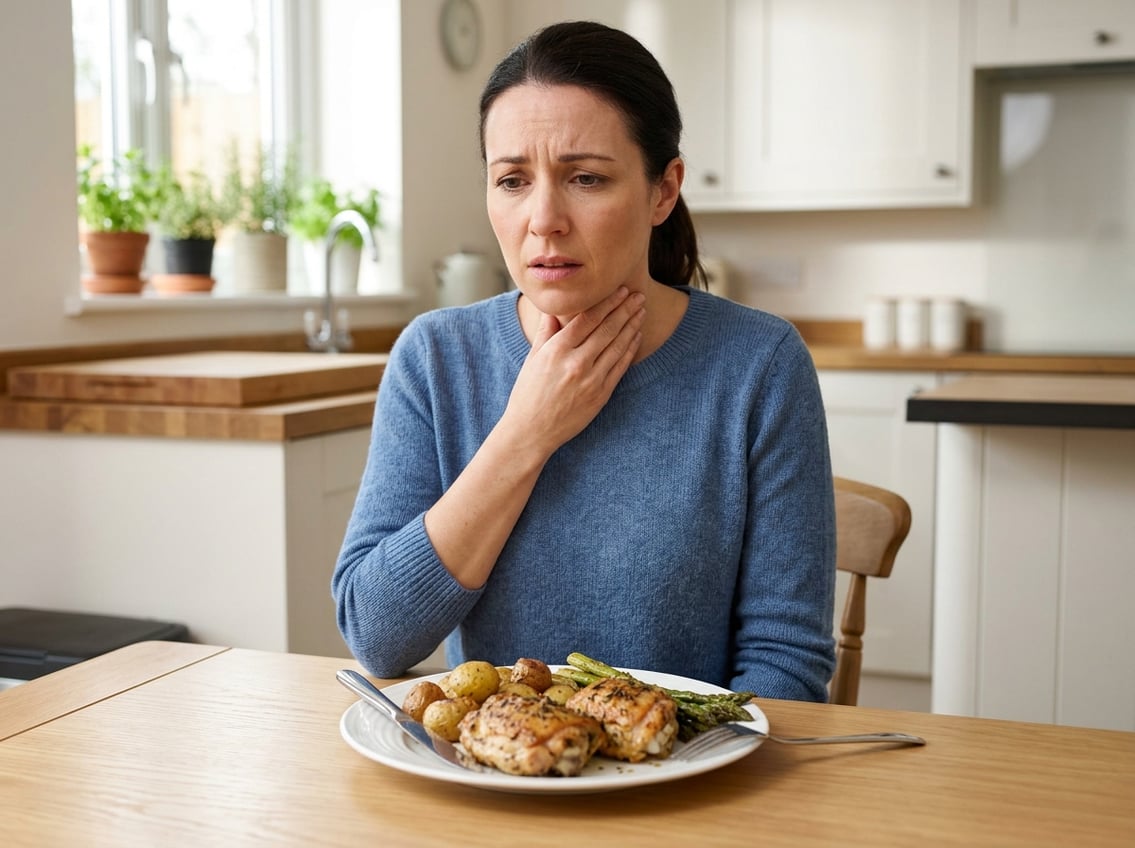 A woman in a kitchen looks uncomfortable while sitting near a plate of chicken thighs.