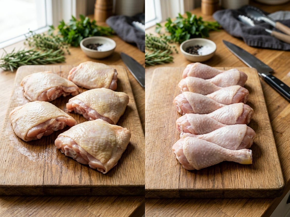 Close-up of raw chicken thighs and drumsticks arranged on a wooden cutting board with kitchen utensils and herbs in the background.