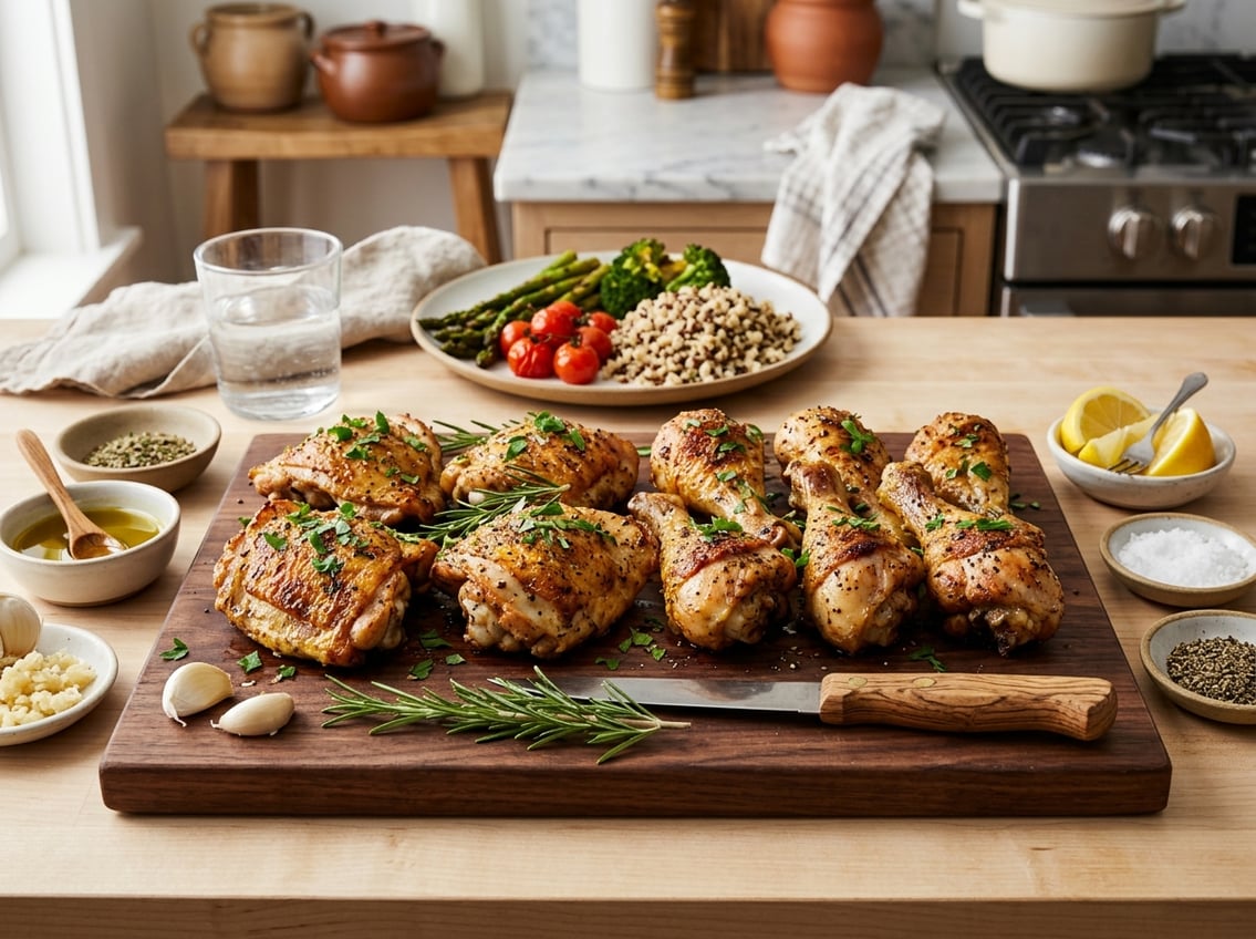 Cooked chicken thighs and drumsticks on a wooden cutting board with fresh herbs and ingredients in a kitchen setting.