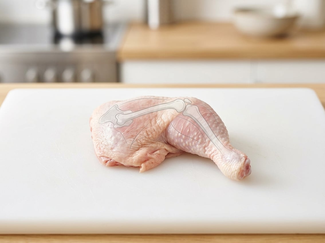 Close-up of a raw chicken thigh on a white cutting board with faint anatomical highlights showing muscle and bone structure.