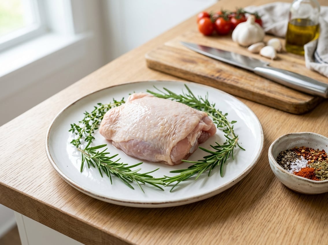 A fresh raw chicken thigh on a white plate surrounded by herbs and spices on a kitchen countertop.