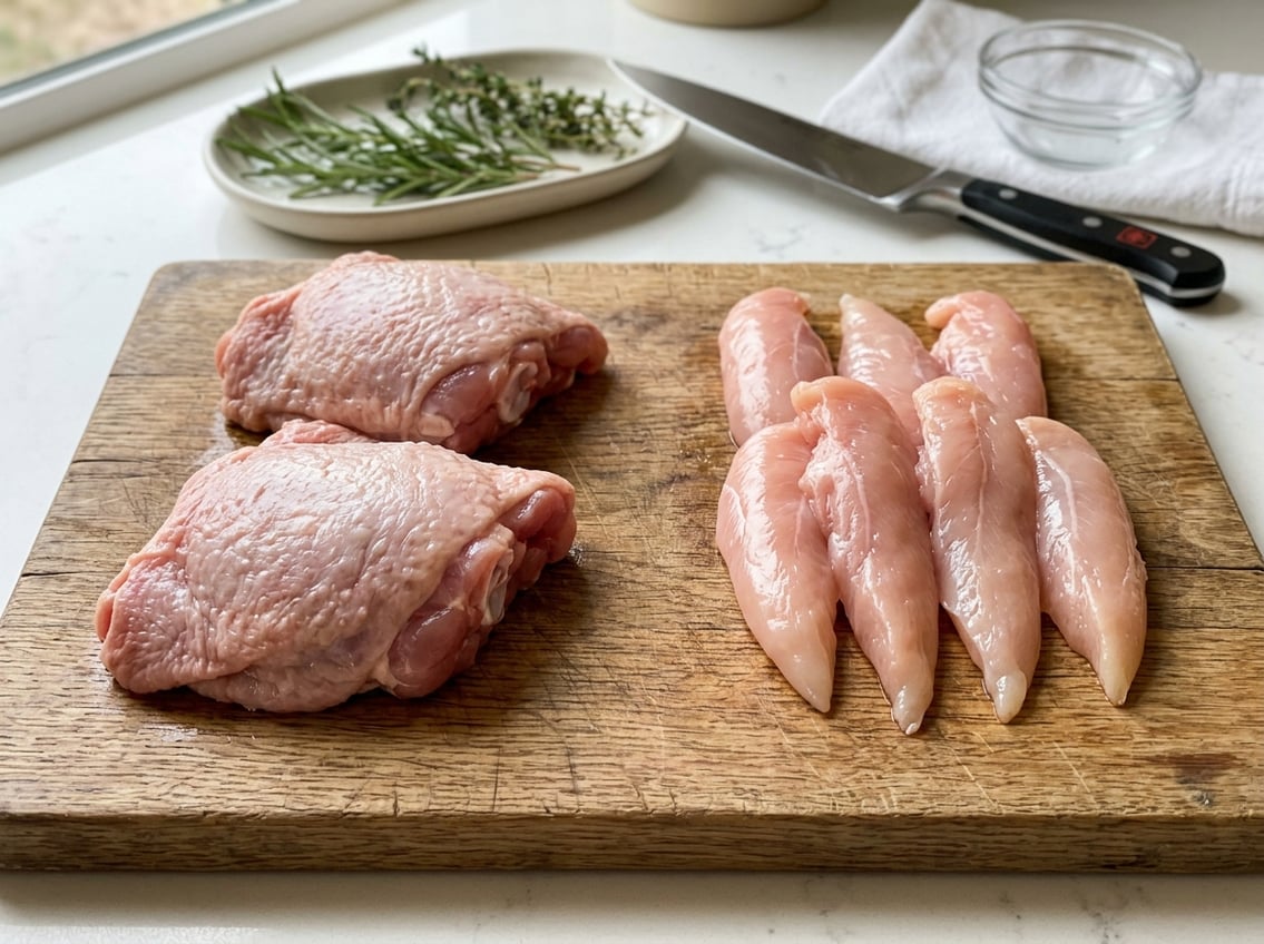 Close-up of raw chicken thighs and tenderloins side by side on a wooden cutting board with kitchen tools in the background.