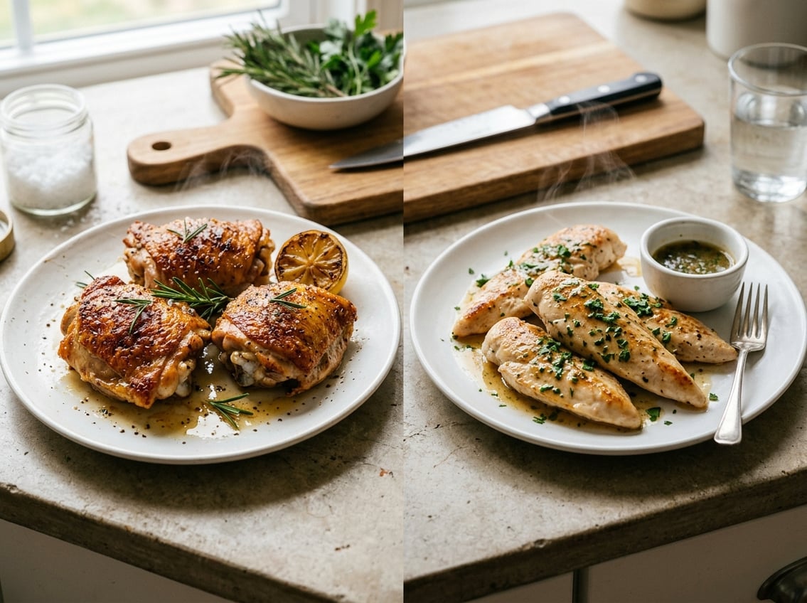 Two plates on a kitchen counter, one with cooked chicken thighs garnished with rosemary and lemon, the other with cooked chicken tenderloins garnished with parsley.