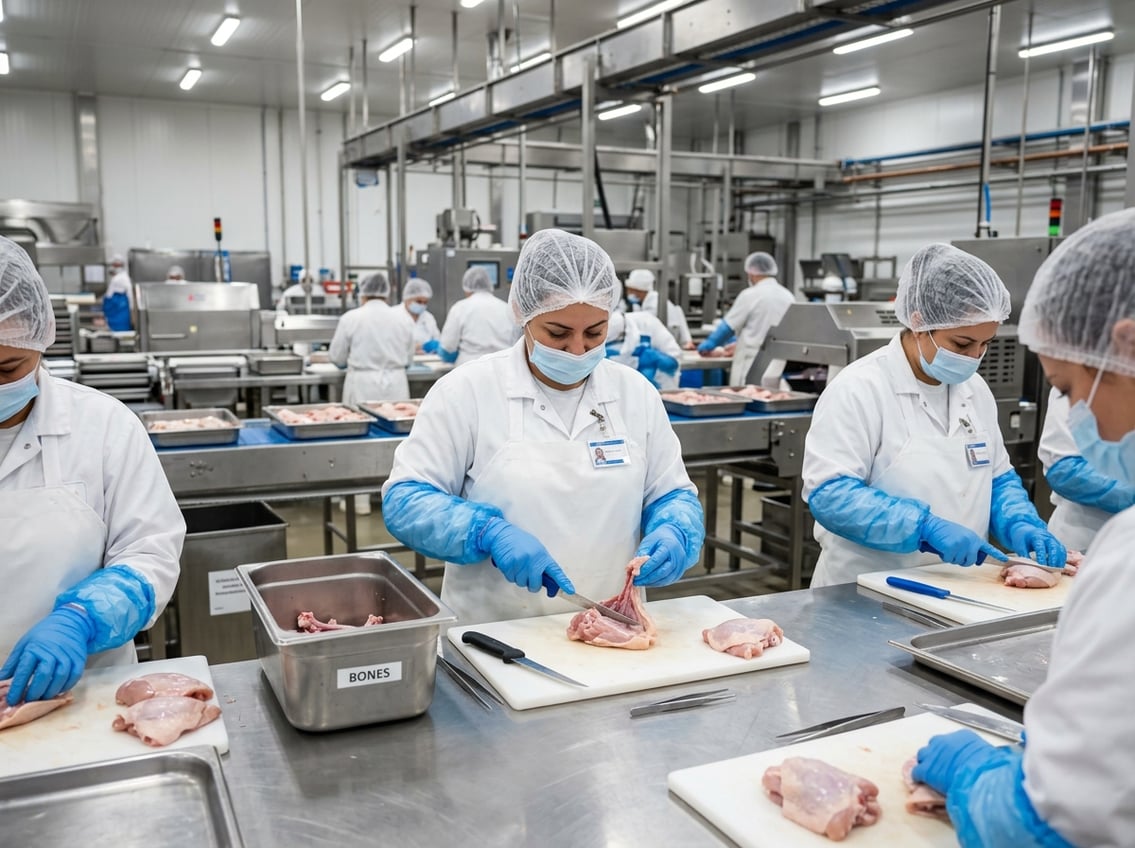 Workers in a clean food processing facility deboning chicken thighs on stainless steel tables using knives and tools.