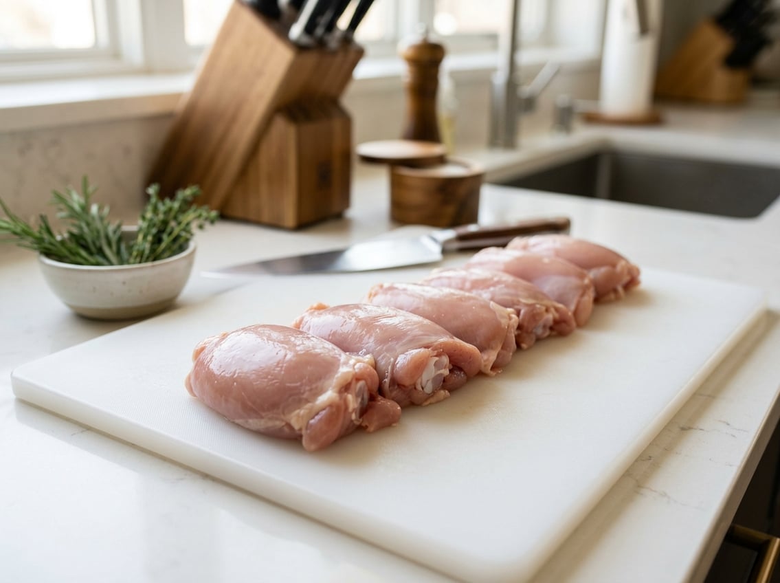 Close-up of fresh boneless chicken thighs on a white cutting board with kitchen tools and herbs in the background.