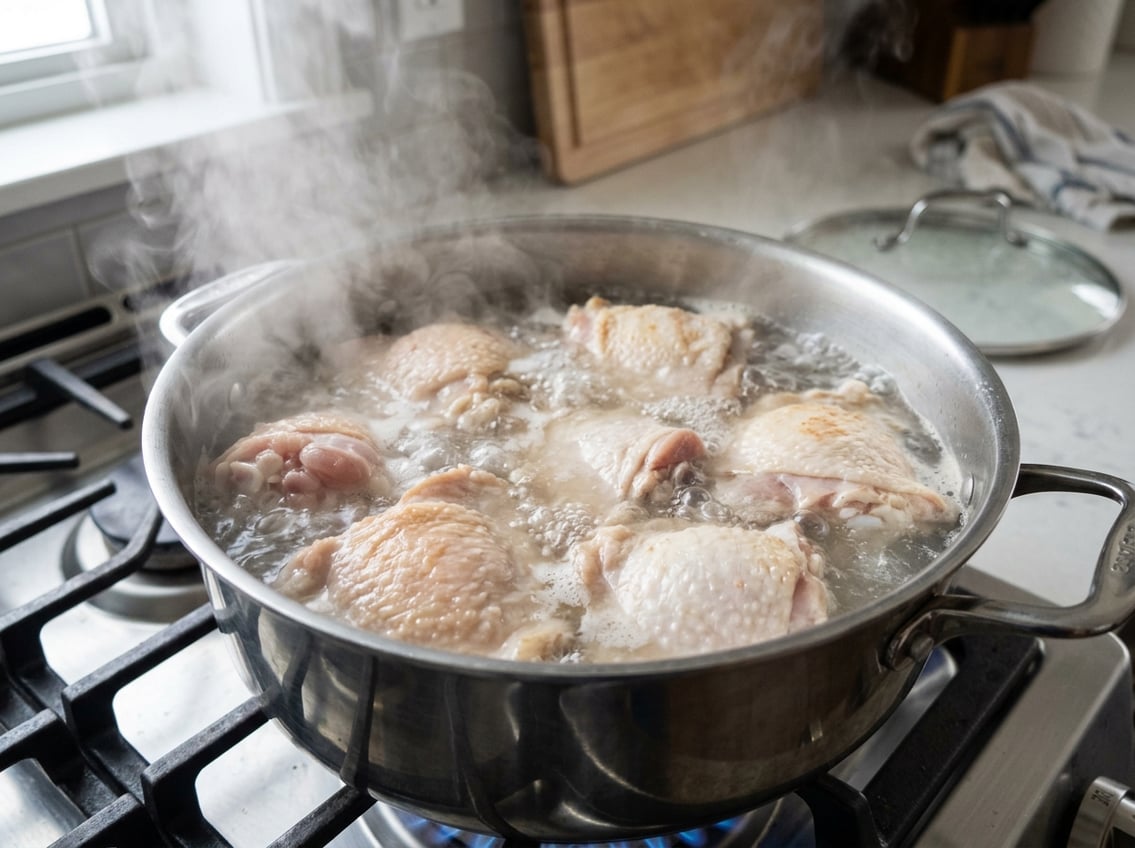 Close-up of chicken thighs boiling in a pot of water with steam rising and bubbles on the surface.