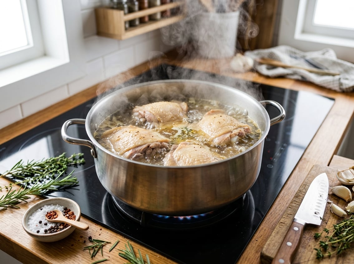 Close-up of chicken thighs boiling in a pot with steam rising, surrounded by fresh herbs and kitchen utensils on a countertop.