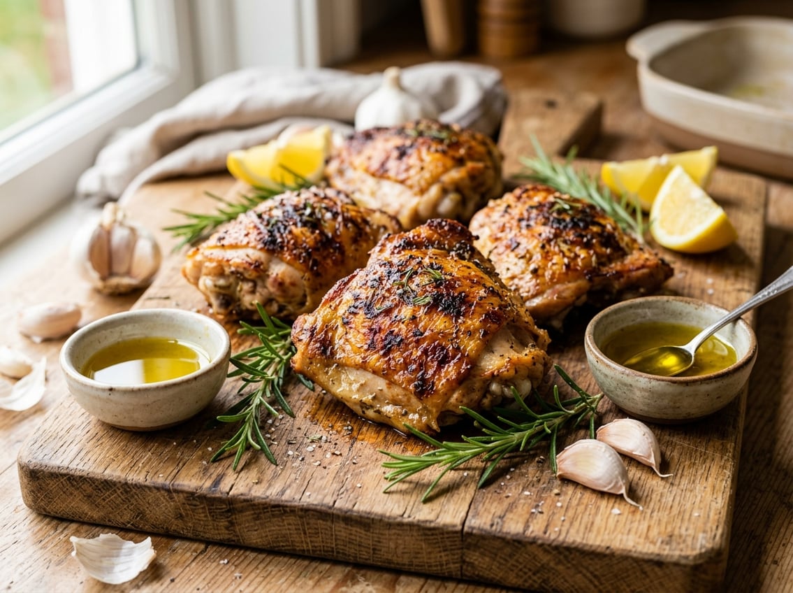 Close-up of cooked chicken thighs with crispy skin on a wooden cutting board surrounded by fresh herbs, garlic, lemon wedges, and olive oil.