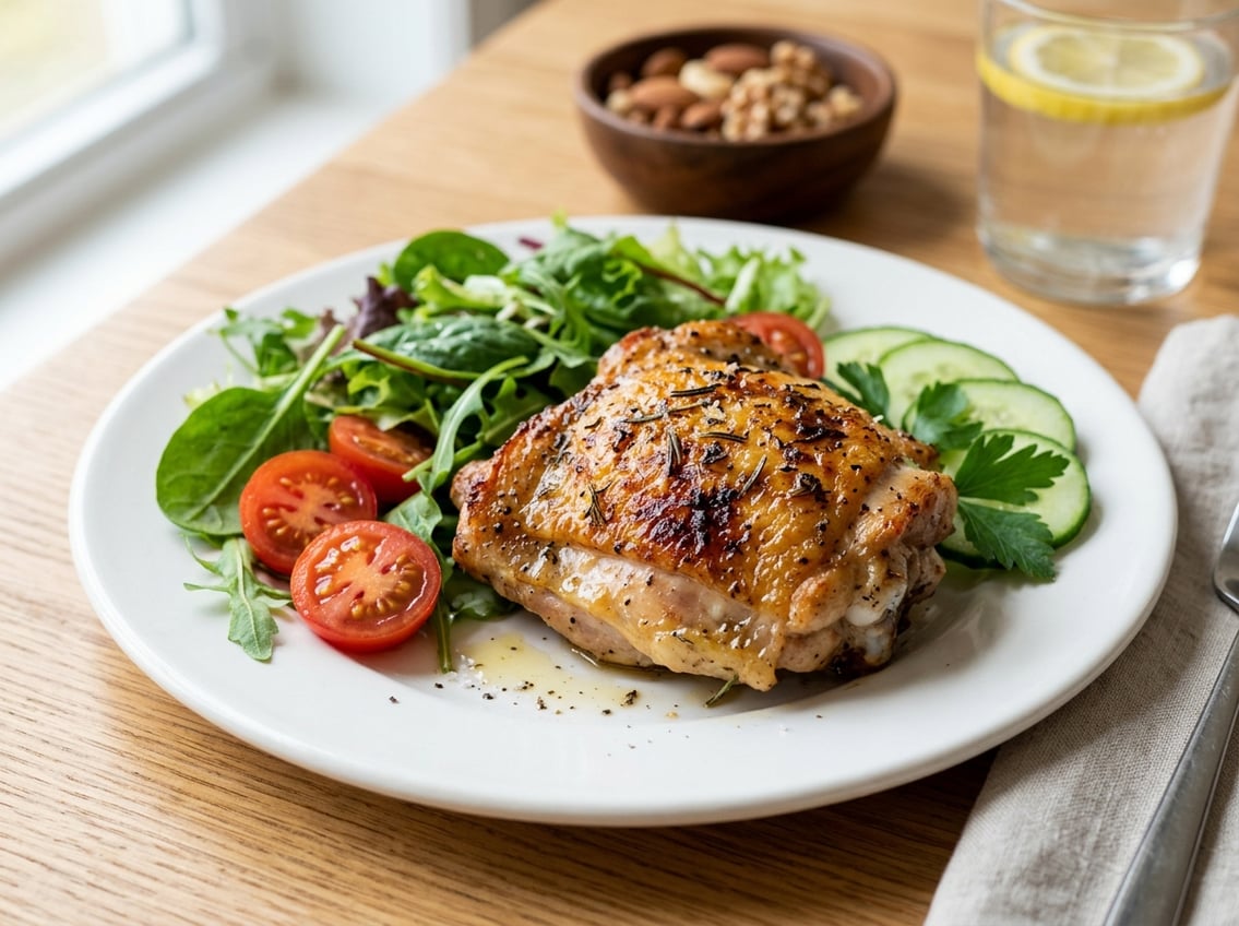 Close-up of a cooked chicken thigh with skin on a plate surrounded by fresh vegetables on a wooden table.