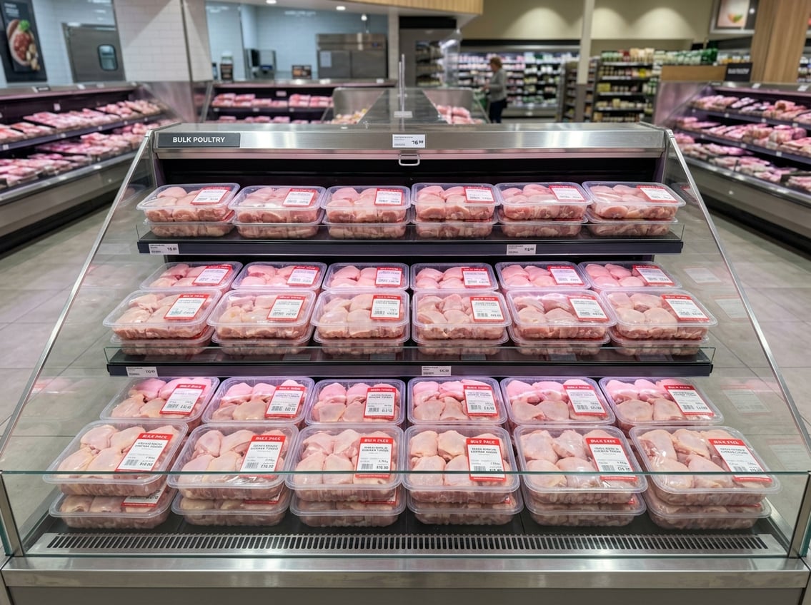 A supermarket meat section with neatly arranged bulk packages of fresh chicken thighs in clear trays on refrigerated shelves.