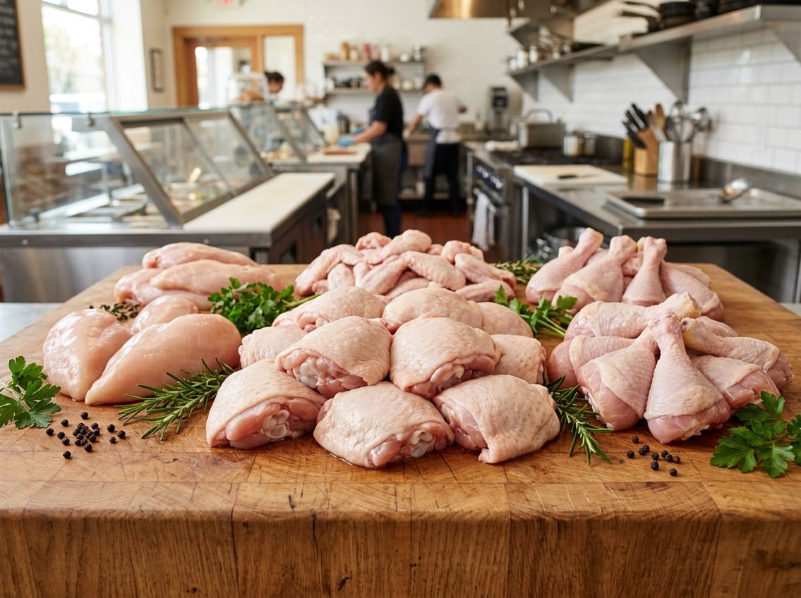 A selection of raw chicken thighs and other chicken cuts arranged on a wooden board in a bright kitchen setting.