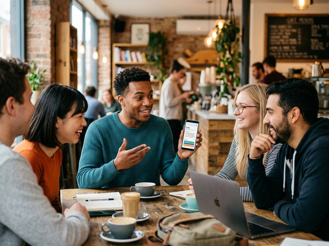 A group of young adults talking and laughing together in a cafe, one person explaining something using hand gestures while holding a smartphone.