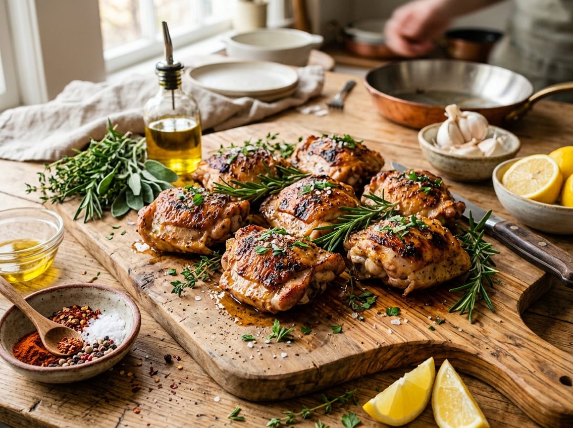 Close-up of cooked boneless skinless chicken thighs garnished with fresh herbs on a wooden cutting board with spices and lemon wedges nearby.