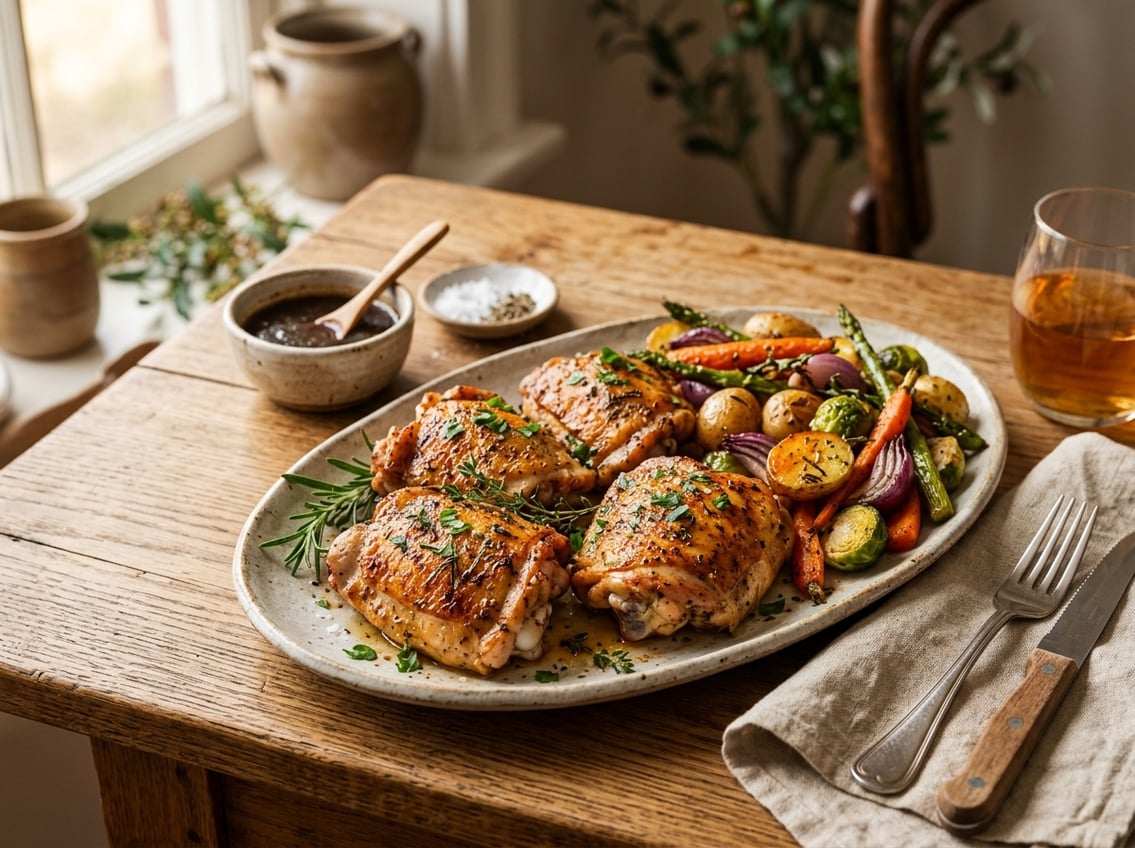 A plate of cooked boneless, skinless chicken thighs with roasted vegetables and fresh herbs on a wooden table.