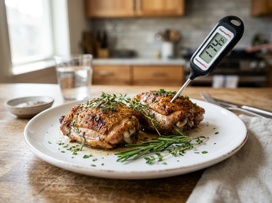 Close-up of cooked chicken thighs on a plate with a food thermometer inserted, set in a kitchen environment.