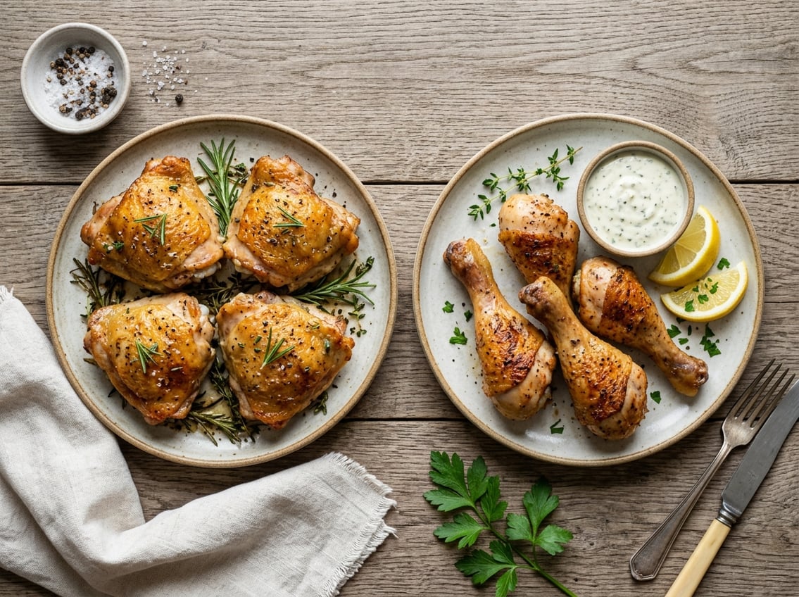 Two plates on a wooden table, one with cooked chicken thighs and the other with cooked chicken legs, both garnished with herbs and lemon wedges.