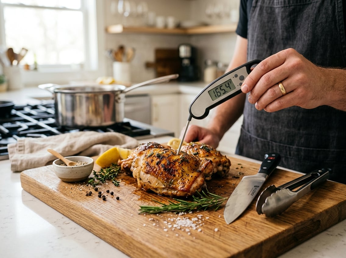 Close-up of cooked chicken thighs on a cutting board with a digital meat thermometer inserted, surrounded by fresh herbs and kitchen utensils.