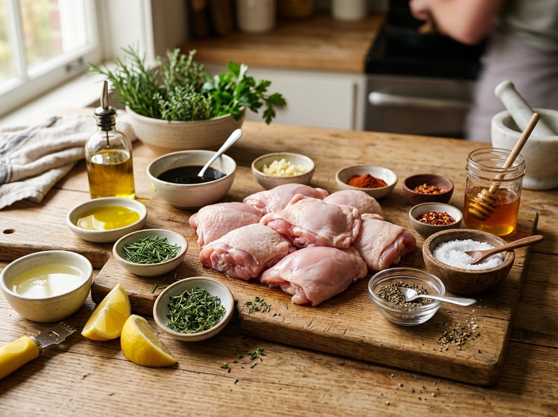 Raw chicken thighs on a wooden cutting board surrounded by bowls of marinade ingredients like olive oil, garlic, herbs, lemon wedges, pepper, and salt.