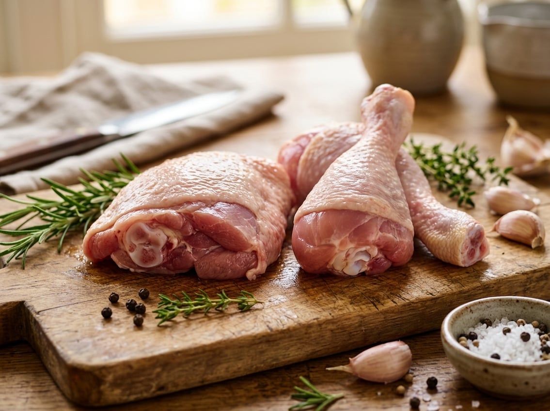 Close-up of raw chicken thigh and drumstick pieces on a wooden cutting board with herbs and spices nearby.