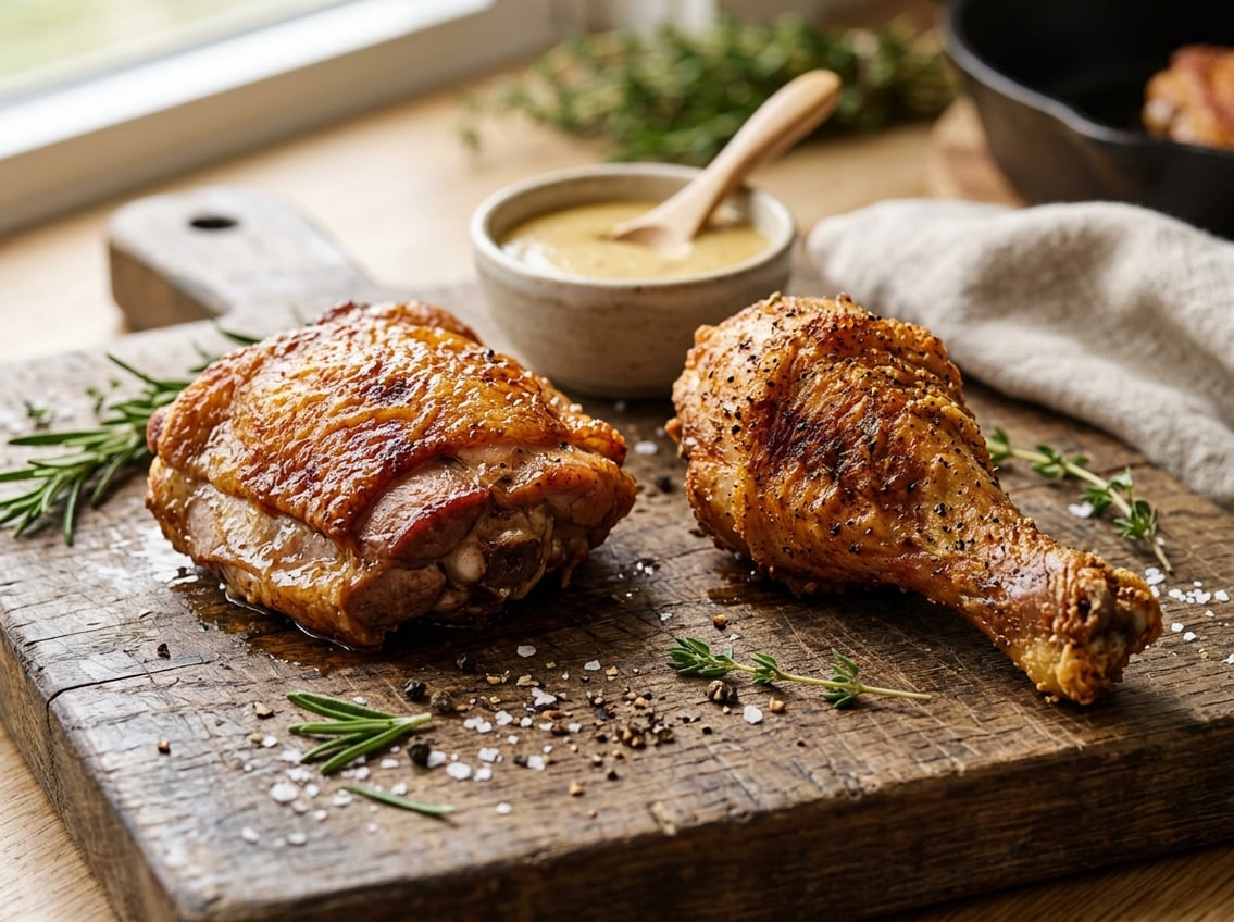 Close-up of cooked chicken thigh and drumstick pieces on a wooden board with fresh herbs and dipping sauce.