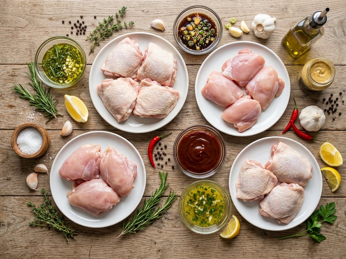 Top-down view of different types of raw chicken thighs on plates surrounded by various bowls of marinades and fresh ingredients on a wooden table.