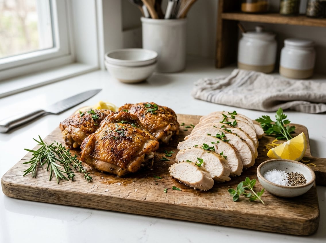Cooked chicken thighs and chicken breast slices displayed side by side on a wooden cutting board with herbs and lemon in a kitchen setting.