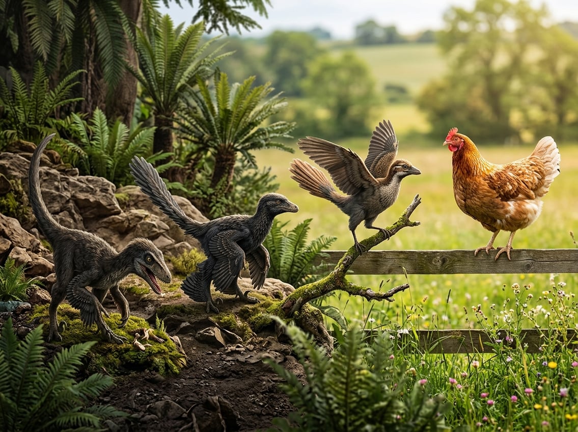 A small feathered dinosaur on the left, transitioning to bird-like creatures in the center, and a modern chicken perched on a fence on the right in a natural outdoor setting.