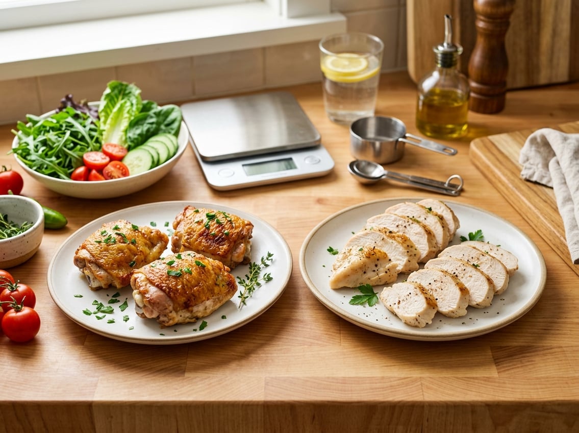 Two plates on a kitchen counter, one with cooked chicken thighs and the other with cooked chicken breasts, surrounded by fresh vegetables and kitchen utensils.