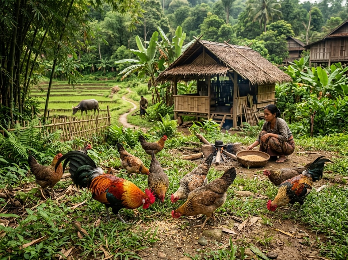 Chickens including wild red junglefowl roaming in a lush tropical Southeast Asian landscape with green plants and rice paddies in the background.