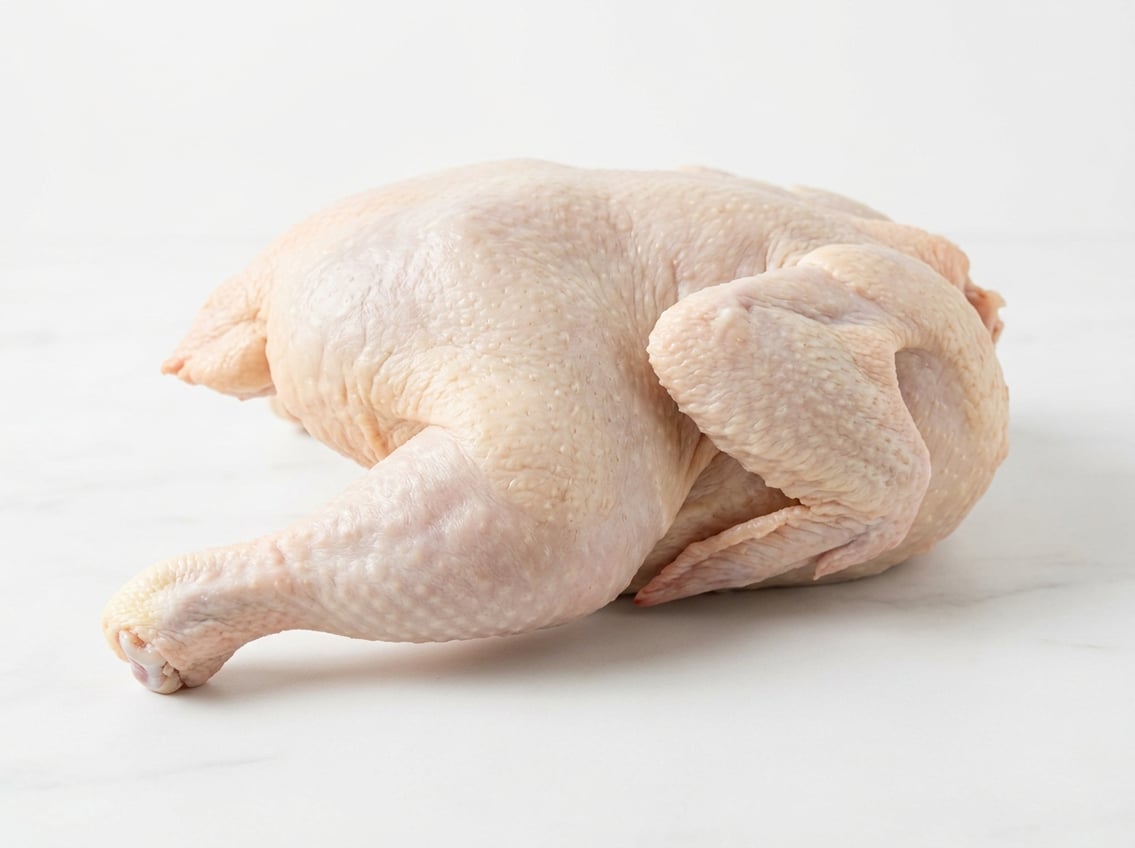 A whole chicken on a white surface with the thigh area clearly visible.