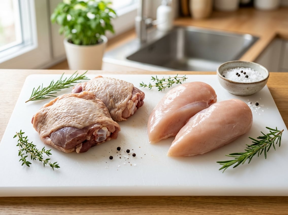 Close-up of raw chicken thighs and breasts on a cutting board with fresh herbs and spices in a kitchen setting.