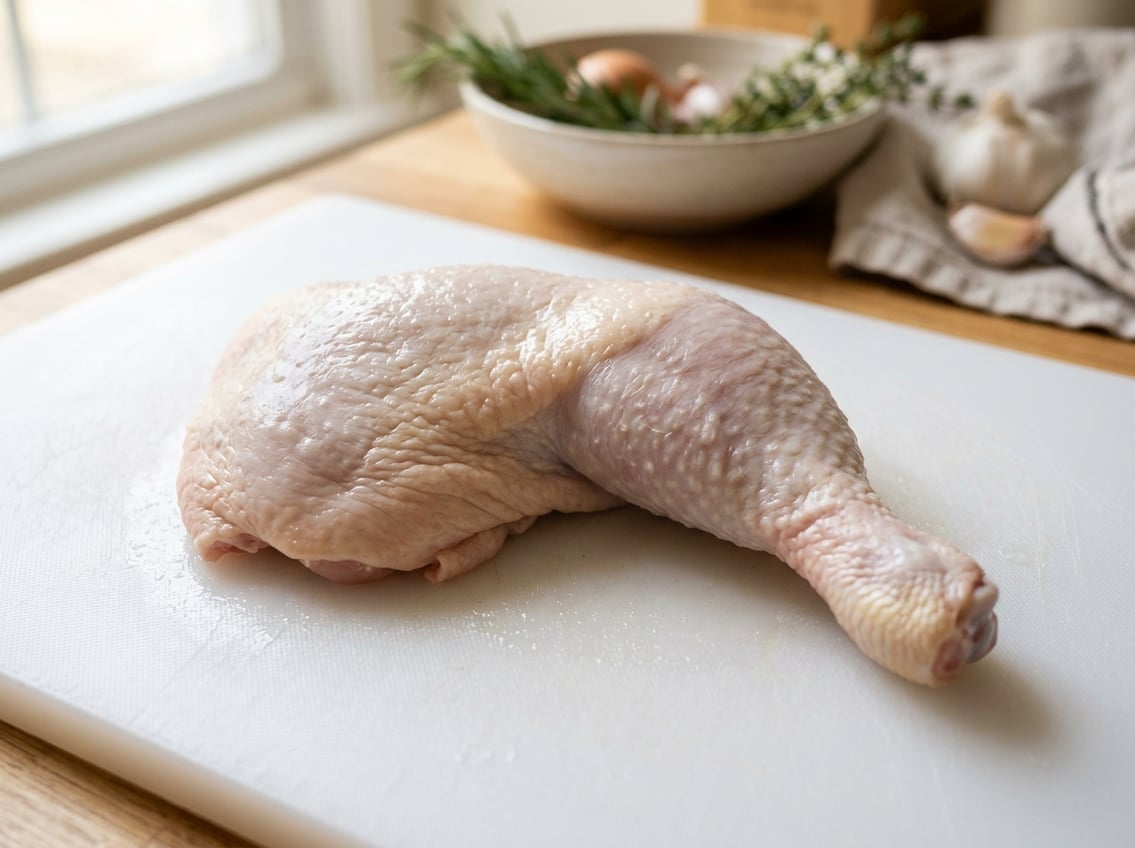 Close-up of a raw whole chicken on a cutting board showing the thigh, drumstick, and chicken leg sections.