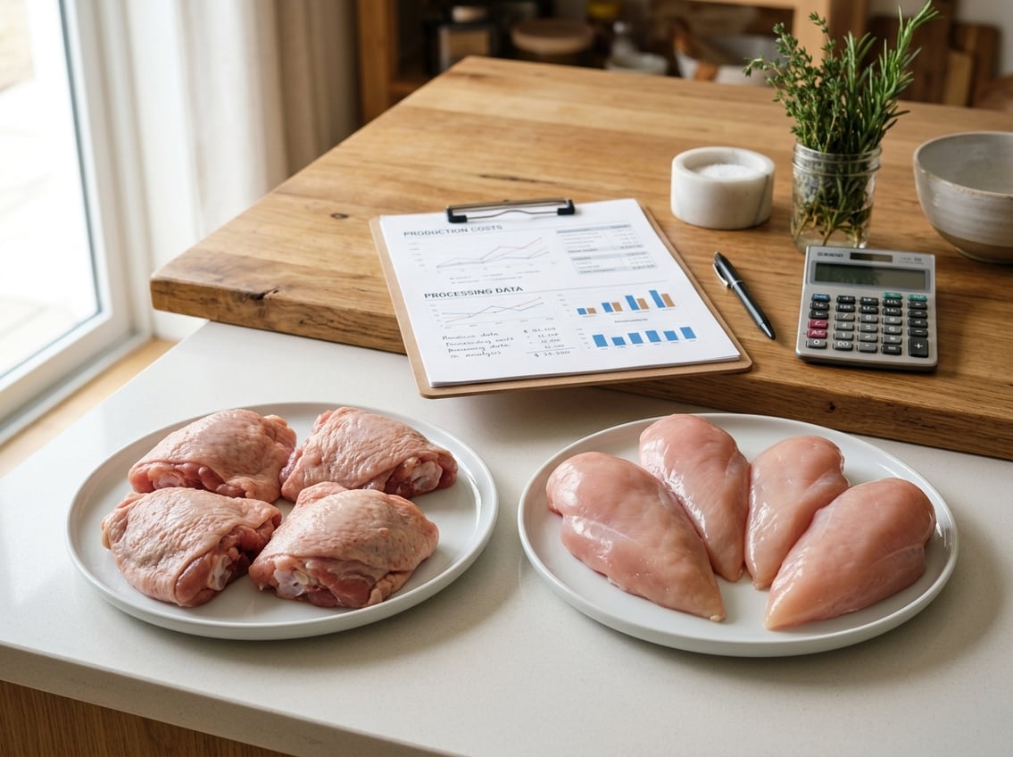 A kitchen countertop with raw chicken thighs and breasts on separate plates, alongside a clipboard with charts and a calculator.