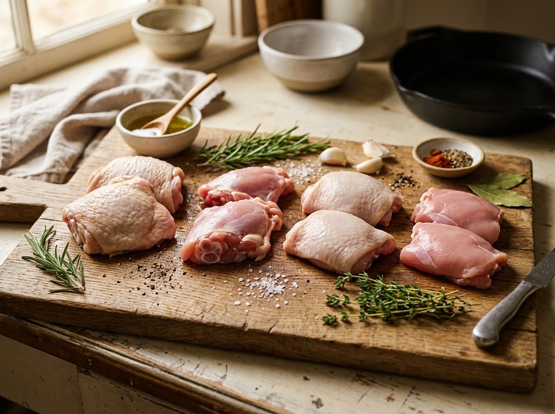 Various types of raw chicken thighs arranged on a wooden cutting board with herbs, garlic, and spices nearby.
