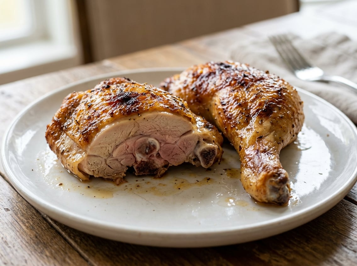 Close-up of cooked chicken thighs on a white plate showing golden brown skin and juicy meat near the bone.