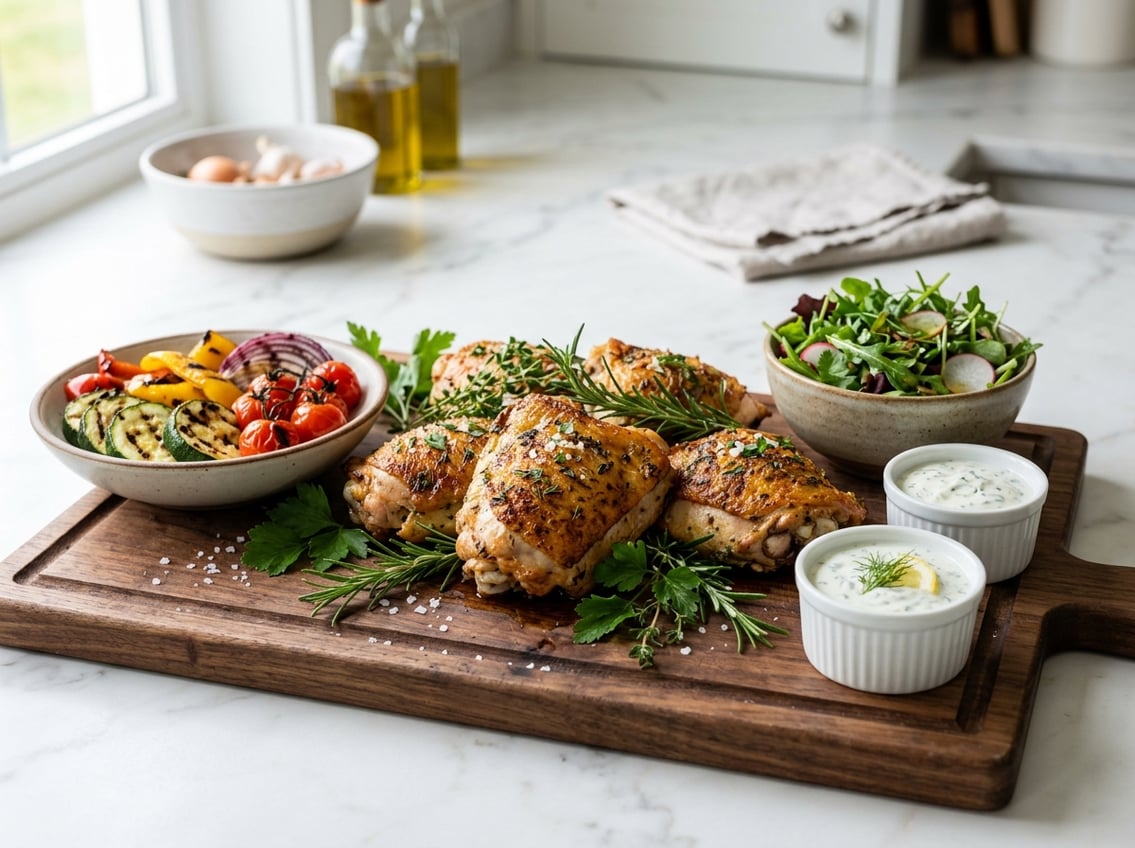 Cooked chicken thighs on a wooden cutting board with fresh herbs, grilled vegetables, dipping sauce, and salad on a kitchen countertop.