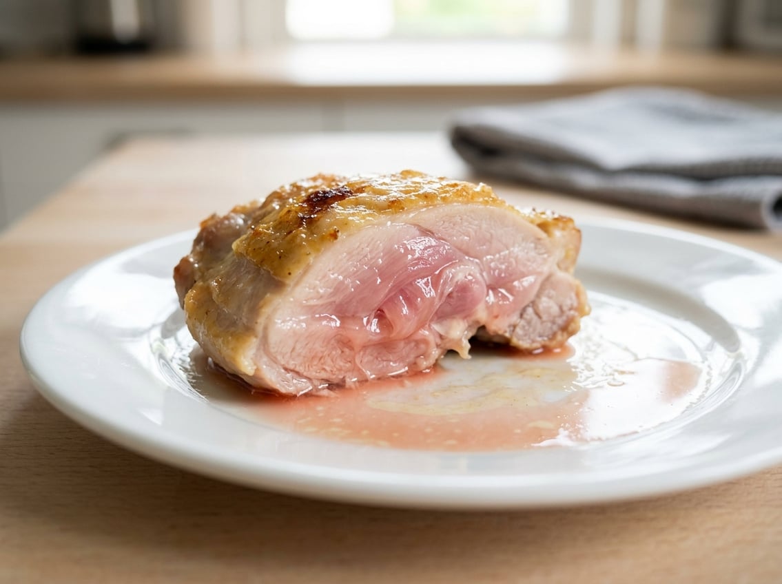 Close-up of chicken thighs on a plate showing slightly pink and glossy meat indicating undercooked chicken.