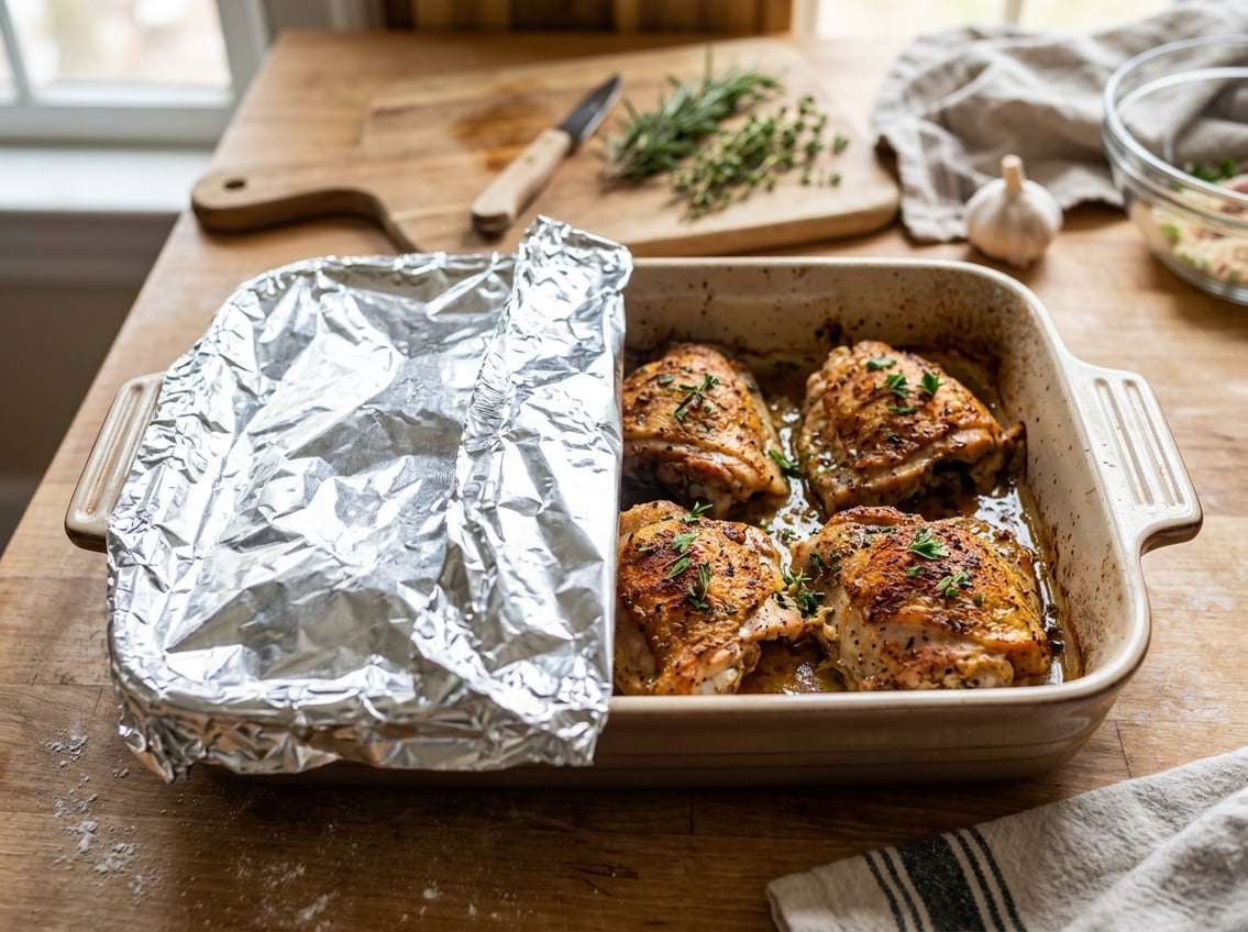 A baking dish with chicken thighs, some covered with foil and some uncovered, on a kitchen counter.