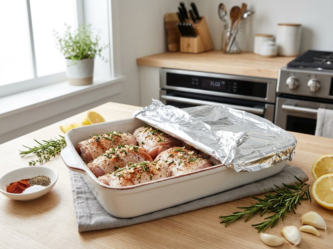 Close-up of raw seasoned chicken thighs in a baking dish partially covered with foil on a kitchen countertop with fresh herbs and spices nearby.