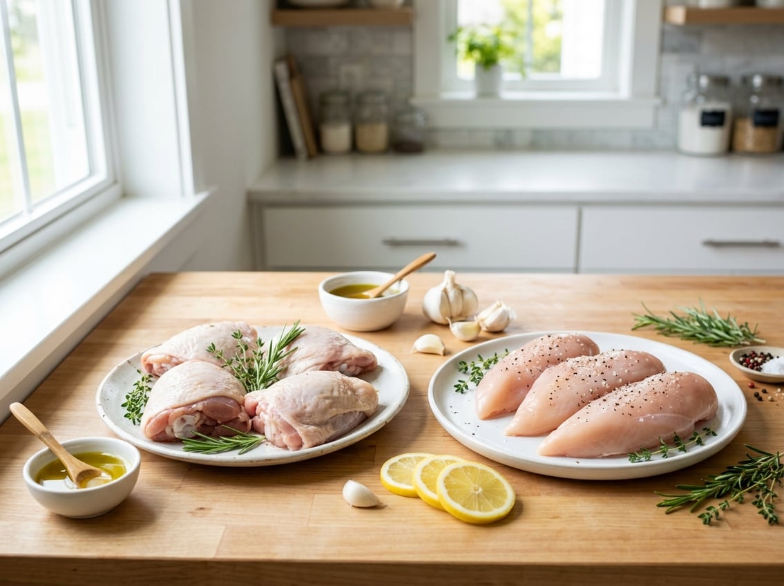 Fresh raw chicken thighs and breasts displayed on separate plates with herbs and lemon slices on a kitchen countertop.